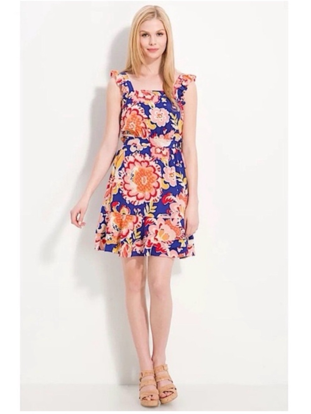 Tory Burch Blue Floral Mini Dress with Pink and Orange Accents